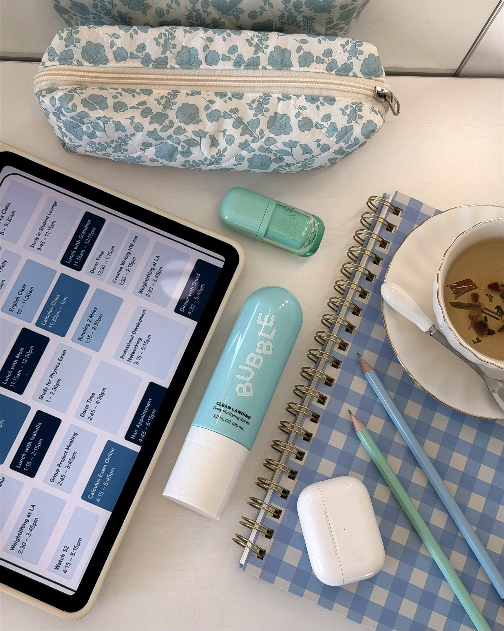 Bubble skincare with a tablet, notebook and tea